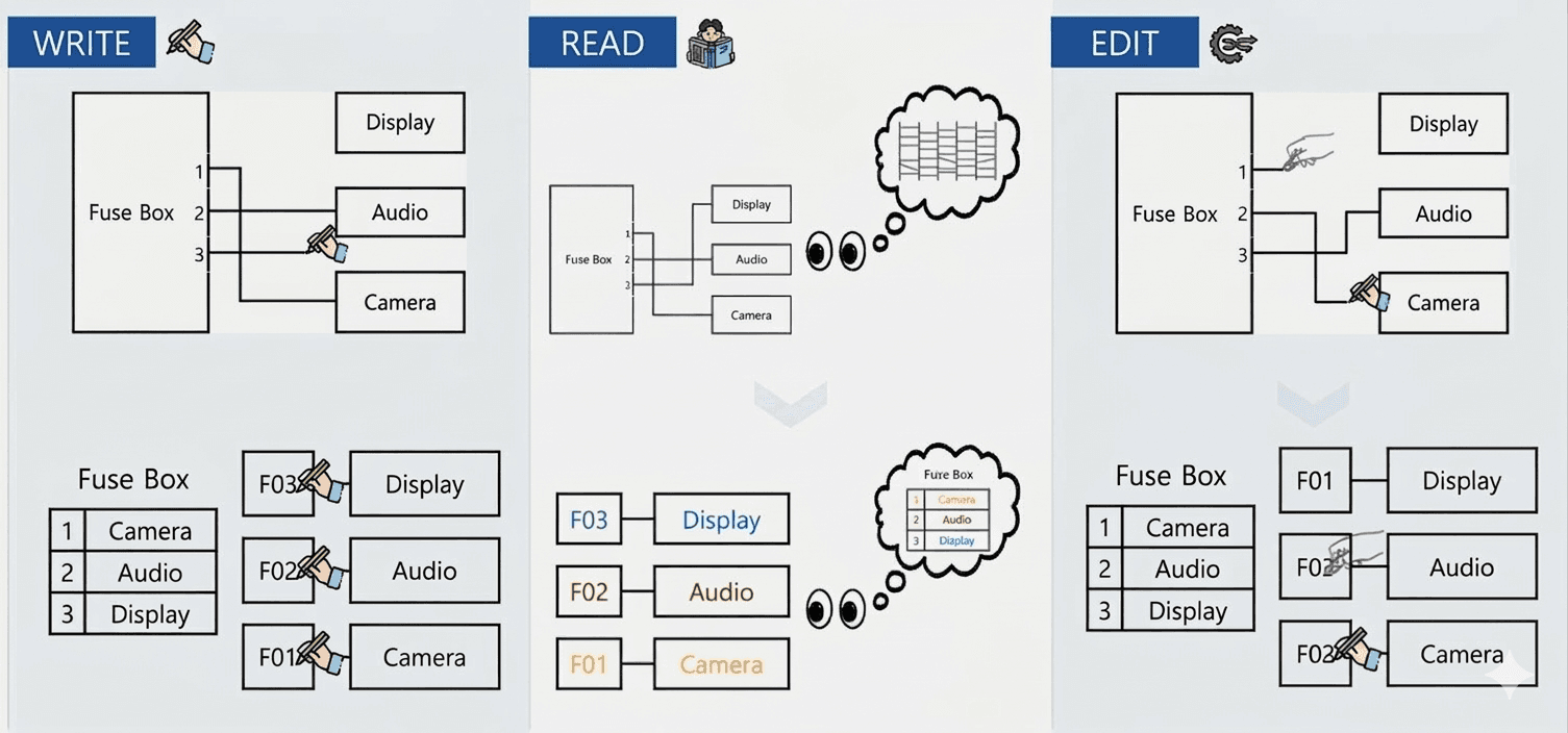 쓰기, 읽기, 수정하기 — 기존 방식과 NRCAD 방식 비교